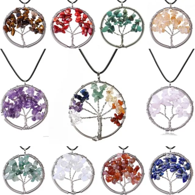 Tree of Life Pendant Necklace 7 Chakra Natural Gemstone Crystal Stones Silver