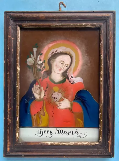 2x Hinterglasbild Herz Maria  Herz Jesus org.Rahmen Oberammergau/Seehausen ~1850 3
