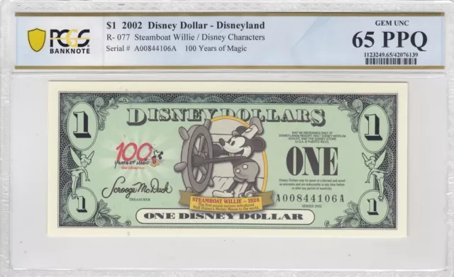 2002 $1 Disney Dollar 1928 SteamBoat Willie PCGS GEM UNC 65 PPQ DISNEYLAND CA