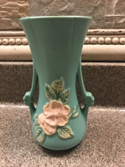 1930s WELLER WILD ROSE VASE ART POTTERY 7.25" AQUA GREEN FLORAL W/ HANDLES