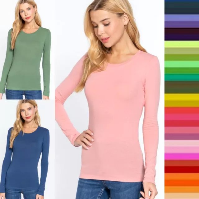 WOMENS CREW NECK LONG SLEEVE BASIC TOP COTTON STRETCH SLIM FITTED T SHIRT  S-3X