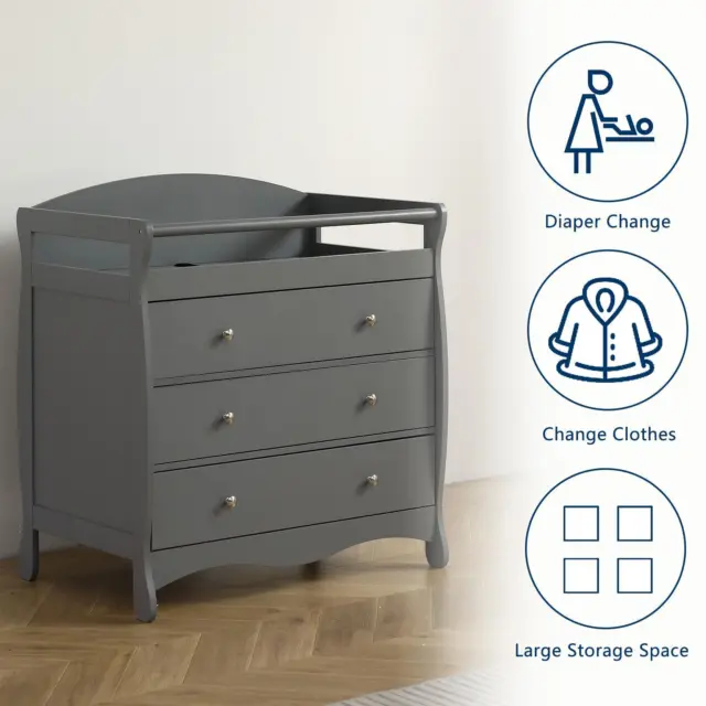 Baby Changing Table Infant Diaper Station Nursery Organizer w/ 3 Drawer Gray