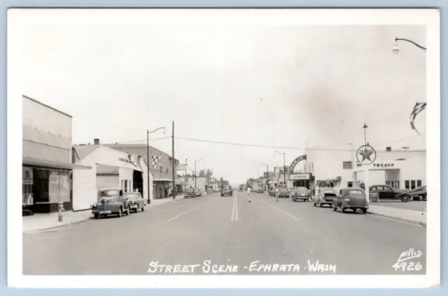 1950's RPPC EPHRATA WASHINGTON STREET SCENE*ELLIS #4926 PHOTO*TEXACO*OLD CARS