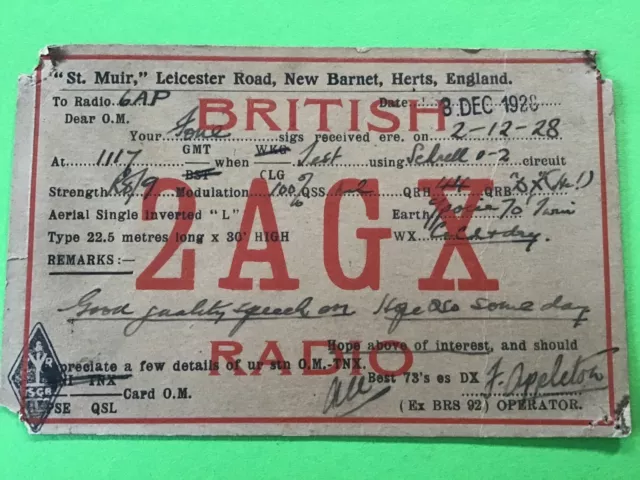 British QSL Radio Card 1928 2AGX New Barnet Herts R44311