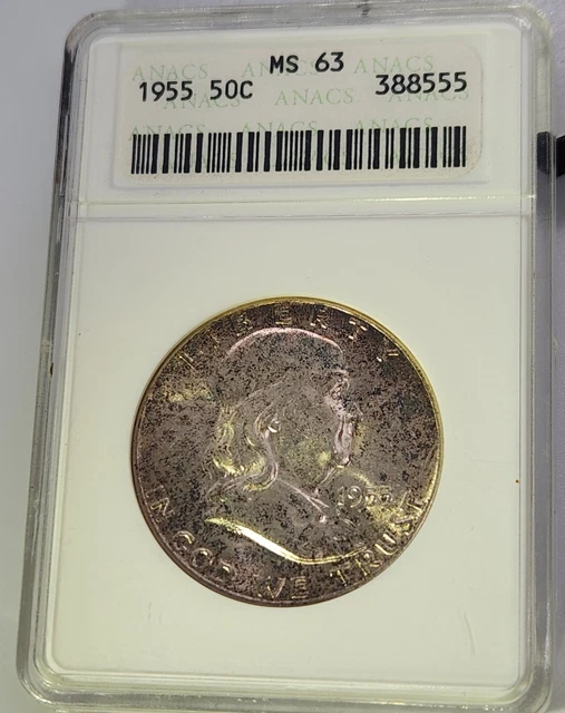 1955 Franklin Half Dollar MS 63 ANACS Bell Lines Toned