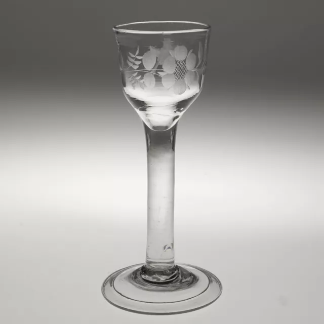 Engraved Plain Stem Georgian Wine Glass c1745