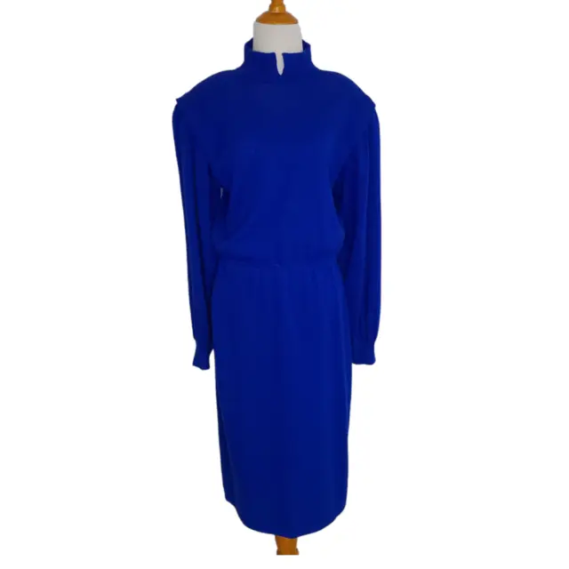 Vintage St. John Santana Knit Dress 1980s Blue Long Sleeves Mock Neck Women 10