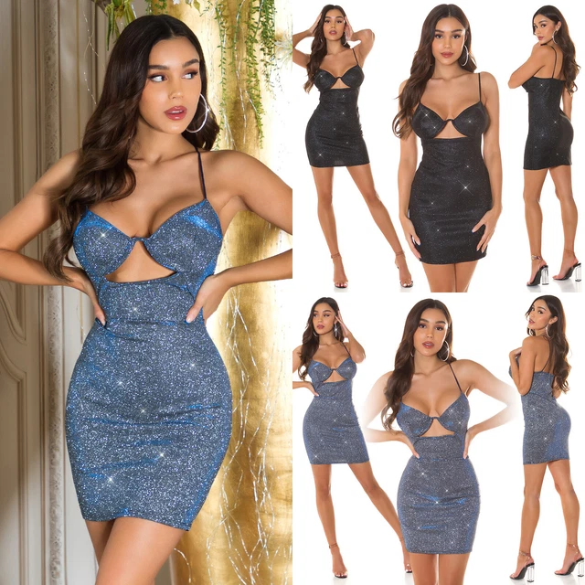 Vestito Donna Corto da Party Discoteca Glitter Mini Abito Cut Out Sexy Vestitino