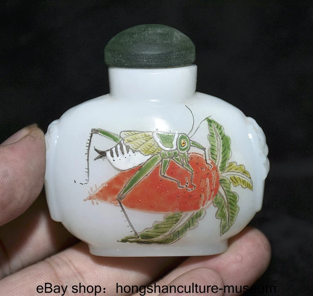 2.8 " China White Glass Painting insect Grasshopper Cicada Cicala snuff bottle