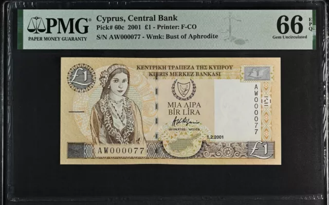 Cyprus 1 Pound 2001 P 60 c Nice Low # 000077 Gem UNC PMG 66 EPQ