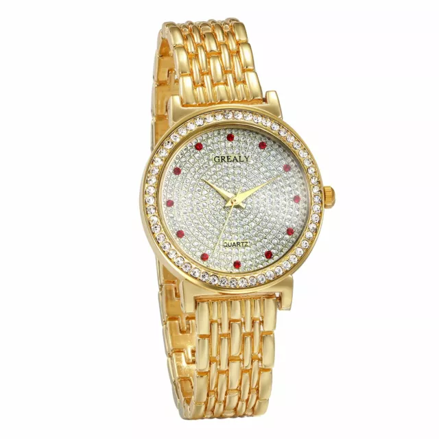 Mens Womens Charm Luxury Gold Tone Round Full Rhinestone Dial Quartz Wrist Watch