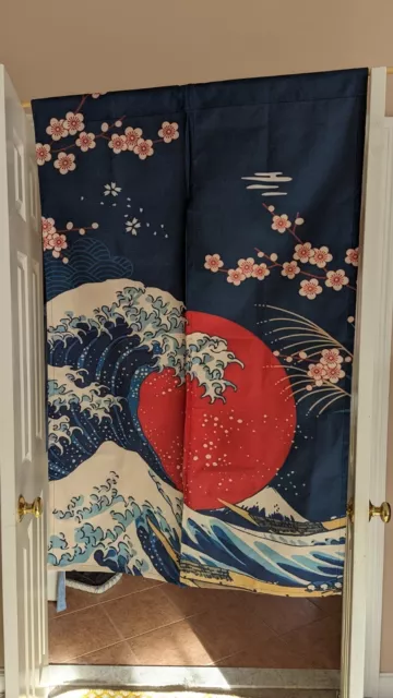 Japanese Noren Curtain Tapestry Big Wave. 35x55" Hidden Magnetic for Auto Close