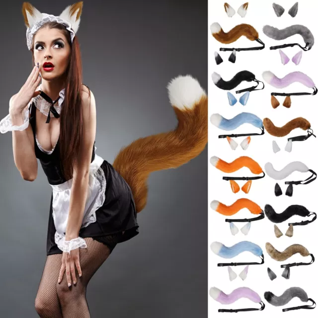 Faux Fur Fox Wolf Ears Headband and Furry Long Tail Anime Cosplay Costume Props