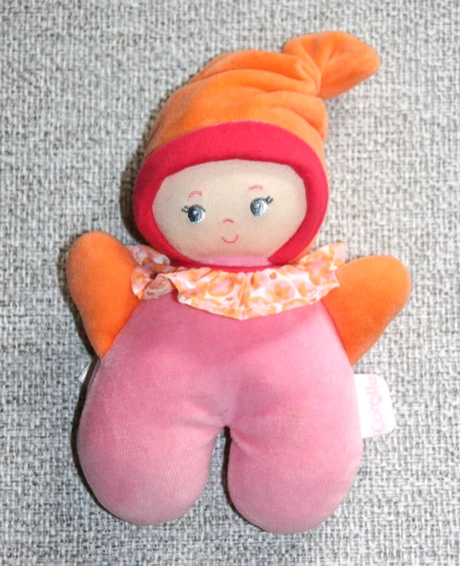 Corolle Doudou Poupee Grelot Hochet 2011 Rose Bonnet Orange Collerette Etat Neuf