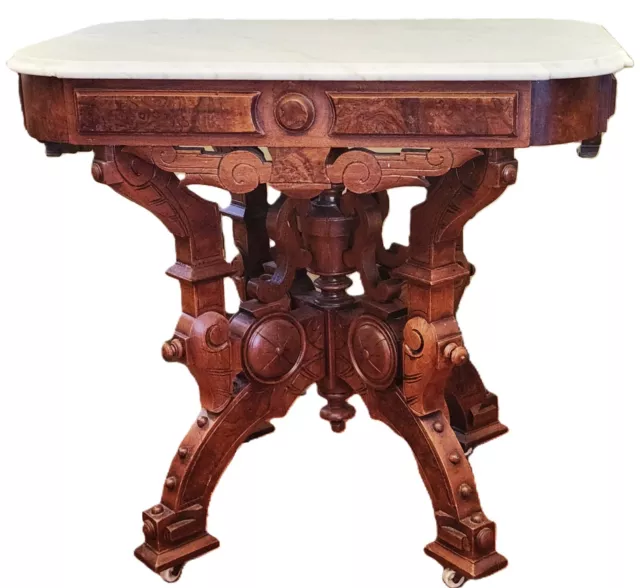 Center TABLE, Renaissance Victorian, Marble Top, Walnut, Burl Panels, 33"L