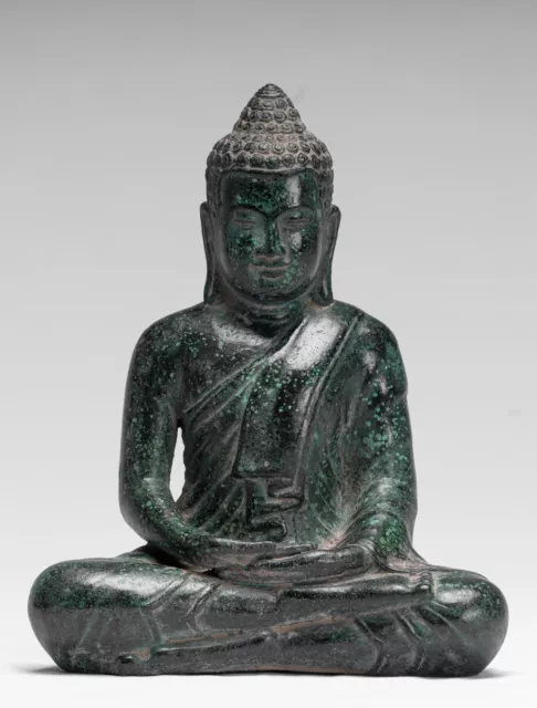 Buddha - Antique Khmer Style Seated Bronze Meditation Buddha Statue - 19cm/8"