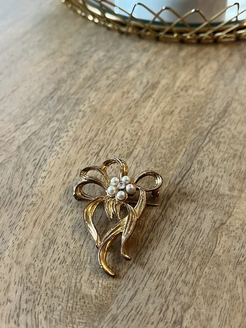Belle Broche Vintage Dorée à Noeud Et Perles - Movitex - Bijou Fantaisie Pour Femme