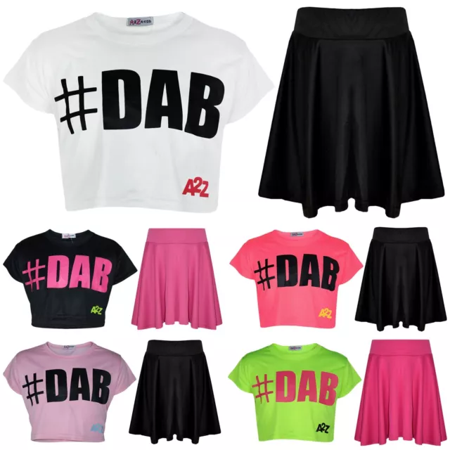 Kids Girls Crop Top #DAB Trendy Stylish Floss Fashion T Shirt & Skirt Set 5-13Yr