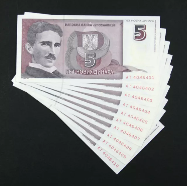 YUGOSLAVIA - LOT SET of 10 Banknotes - 5 Novih Dinara 1994 - P-148 TESLA (UNC)