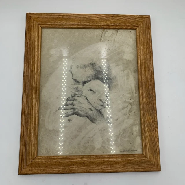1982 KATHERINE BROWN Jesus holding a lamb drawing framed needs cleaning