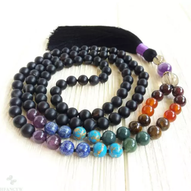 8mm Agate 7 Chakras 108 Beads Handmade Tassel Necklace Wristband Buddhism