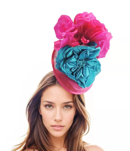 Turquoise Fuchsia Pink Feather Kentucky Derby Fascinator Hat Wedding Cocktail