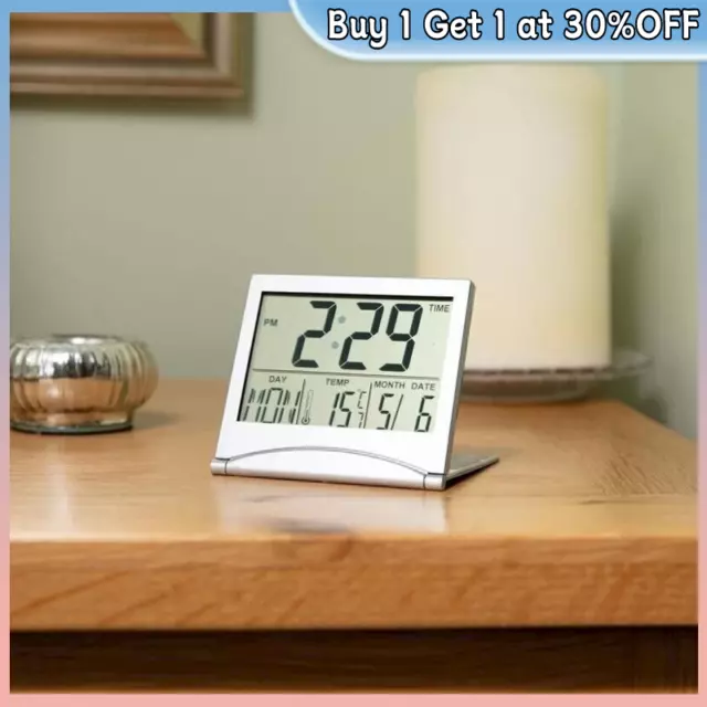 Digital Alarm Clock Temperature LCD Desk Top Calendar Travel Snooze Clock Silver