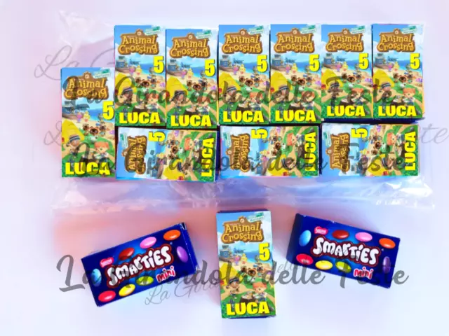 20 SMARTIES ANIMAL CROSSING CON NOME Festa Base GADGET COMPLEANNO Tavola regali