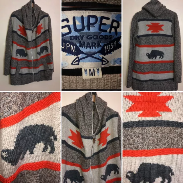 SuperDry Size M L Chunky Knitted Hooded Zip Cardigan Mid West Style Jumper Mens
