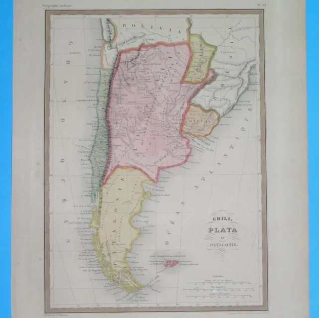 1850 Original Map South America Chile Argentina Patagonia Uruguay Buenos Aires