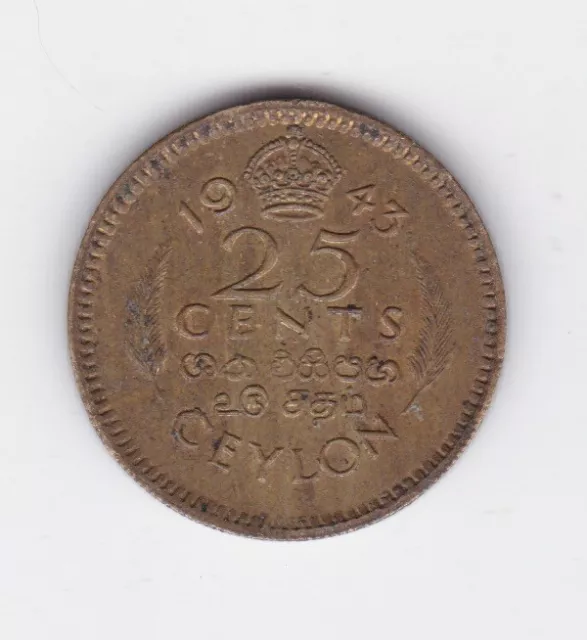 1943 Ceylon 25 Cents Coin  King George B-505