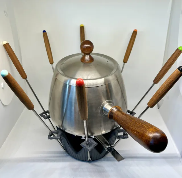 Kit de fondue de hierro fundido vintage gourmet real olla de acero inoxidable 8 horquillas caja abierta