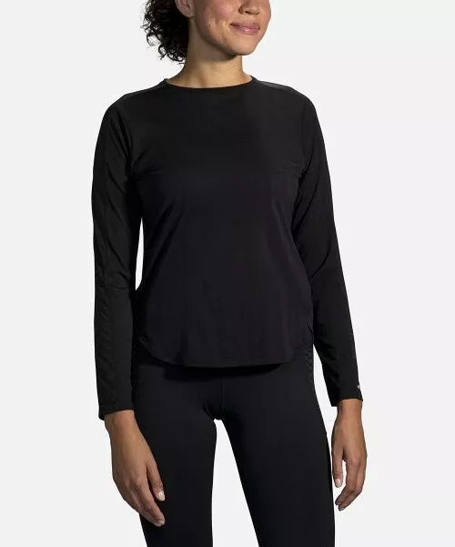 Brooks Womens Top Sz XS Black Round Neck Spirit Long-Sleeve Back Vent NWT