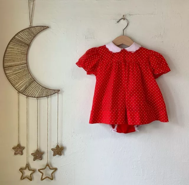 vtg little girl dress 12m polka dot lace trim red white