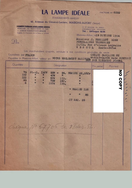 Document of 19/10/1954 THE IDEAL LAMP Maisons-Alfort 94