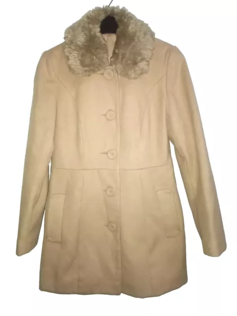 ASOS MISS SELFRIDGE winter Coat Nude/ beige/camel faux fur collar Petite Size 10