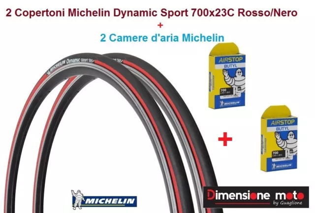 2 Copert. MICHELIN DYNAMIC Sport Rosso 700x23C + 2 Cam. x Bici 28" Corsa Vintage