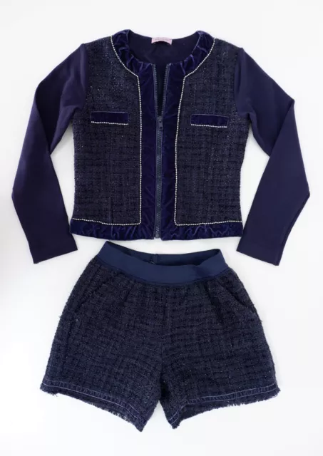 Monnalisa Set Abbigliamento Ragazza Età 8 Anni Giacca Tweed Zip Pantaloncini Blu Navy