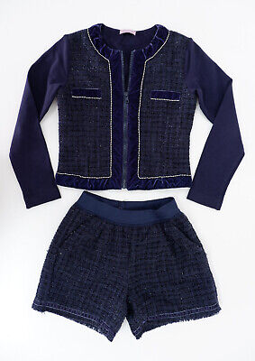 Monnalisa bambina Outfit Set Età 8 anni in Tweed ZIP Giacca Shorts Blu Navy