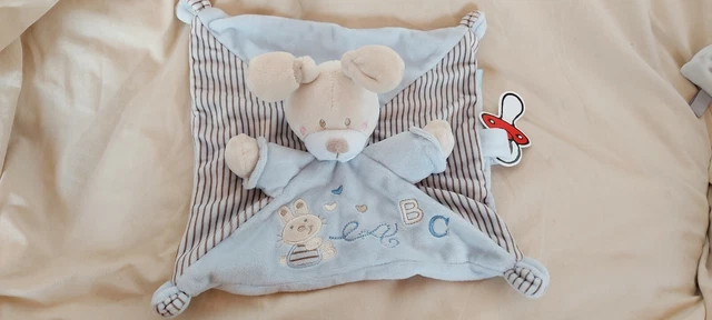 Doudou Plat Lapin Bleu ABC NICOTOY SIMBA Toys KIABI Attache Tétine TTBE
