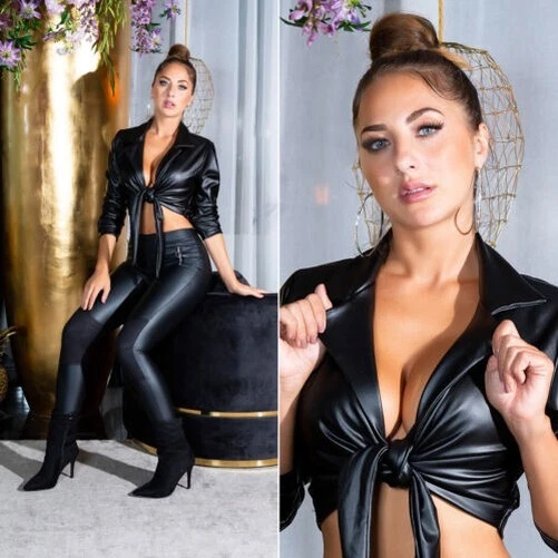 Brillant Simili Cuir Col En V Crop Chemisiers Top pour Lier