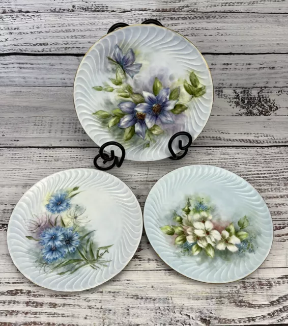 3 Bareuther WALDSASSEN Floral Salad Plates Bavaria Germany hand painted vintage