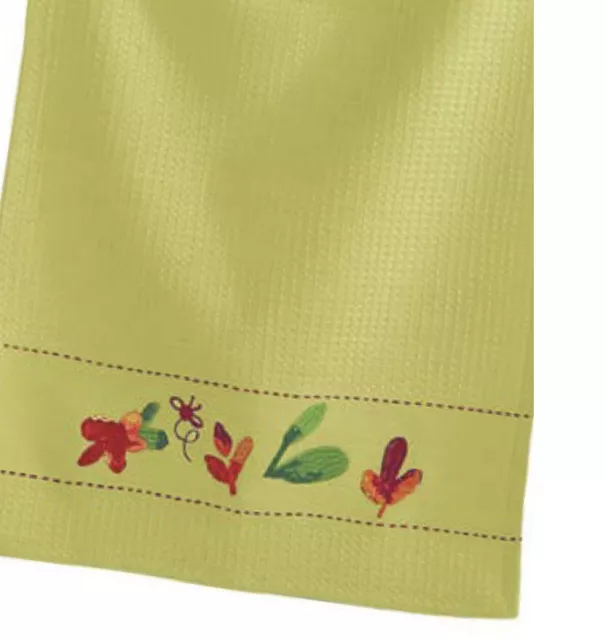 TAG/Tag2U/TagLtd- BLOSSOMS-Waffle Weave/Embroidered Dishtowel- Green- NEW-NWOT
