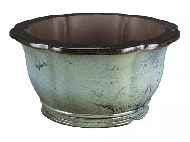 Vaso per bonsai rotondo (forma a fior di loto) in gres smaltato azzurro-blu 27,5