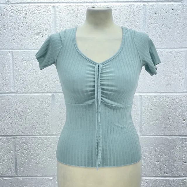 Dorothy Perkins Petite Mint Ribbed Top Short Sleeve Tshirt Ruched Front Uk Xs