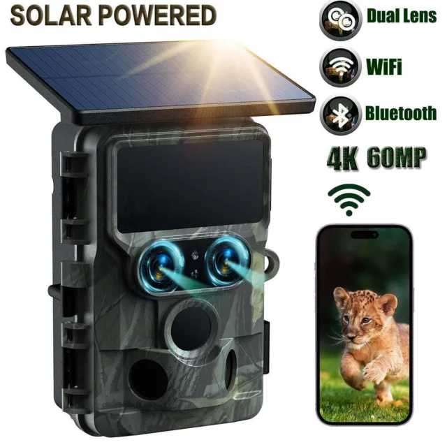 Solar Trail Camera 4K 60MP Dual Lens WiFi Wildlife Hunting Camera Night Vision