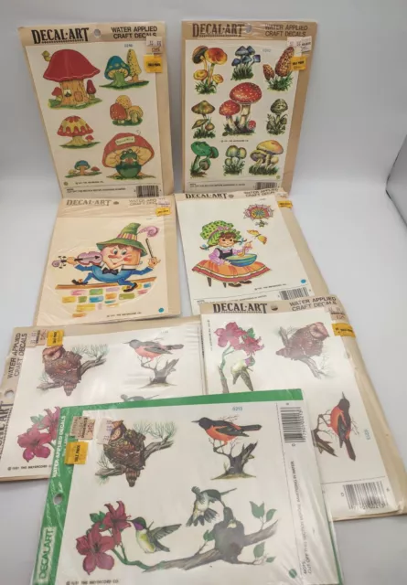 Calcomanías artísticas Meyercord Co. 7 hojas hongos Miss Muffet Humpty Dumpty Dumpty Birds
