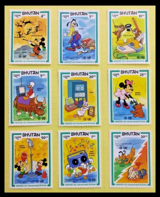 147. Bhutan 1984 Ensemble / 9 Timbres Histoire De Communication,Disney,Cartoons