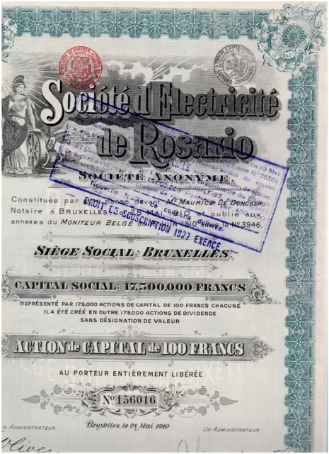Societe d'Electricite' de Rosario, Bruxelles 1910, 100 BF, nice, VF