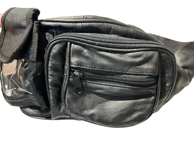 Fanny Pack Leather Black Genuine Lambskin Waist Pouch Belt Bag Sling Purse VTG 3